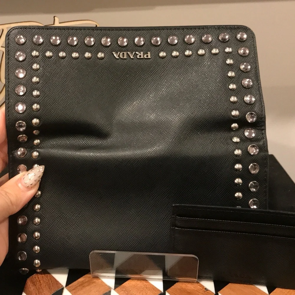 ‼️SALE‼️ *EUC* Prada Black Saffiano Leather Wallet w/Swarovski Crystals - Picture 3 of 5